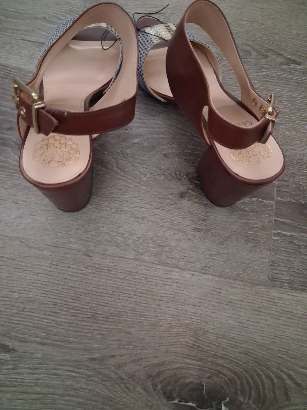 Vince Camuto Brown Leather Slingback Heels with Snake-Print Toe - Picture 2 of 7